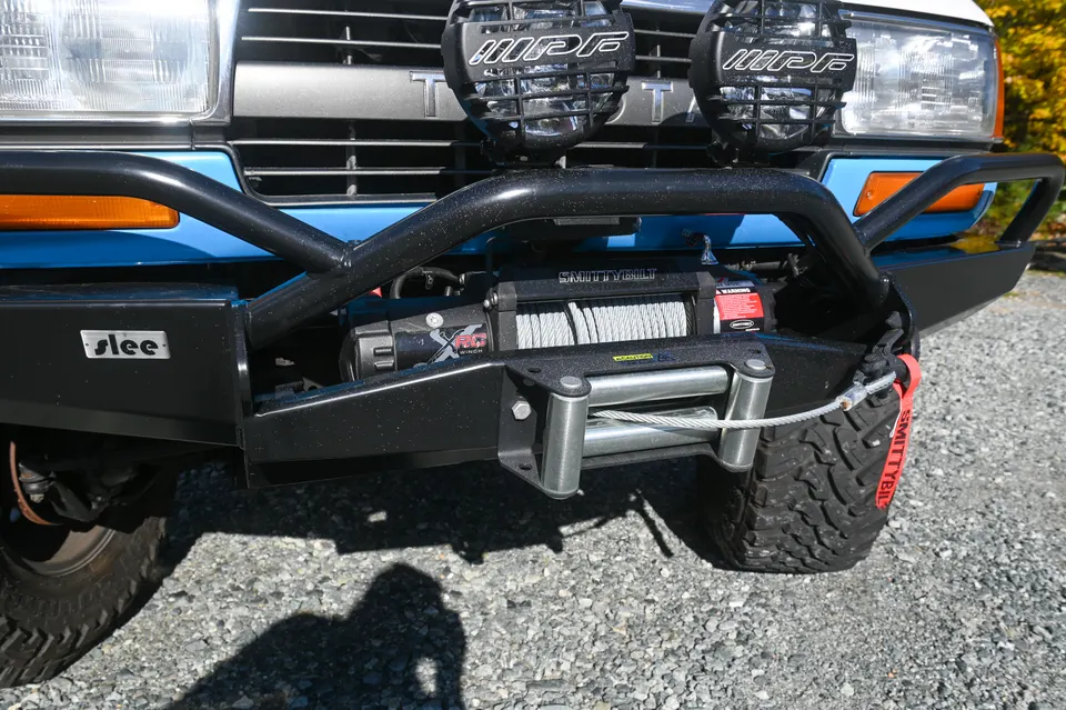 Metal front bumper and winch close-up
